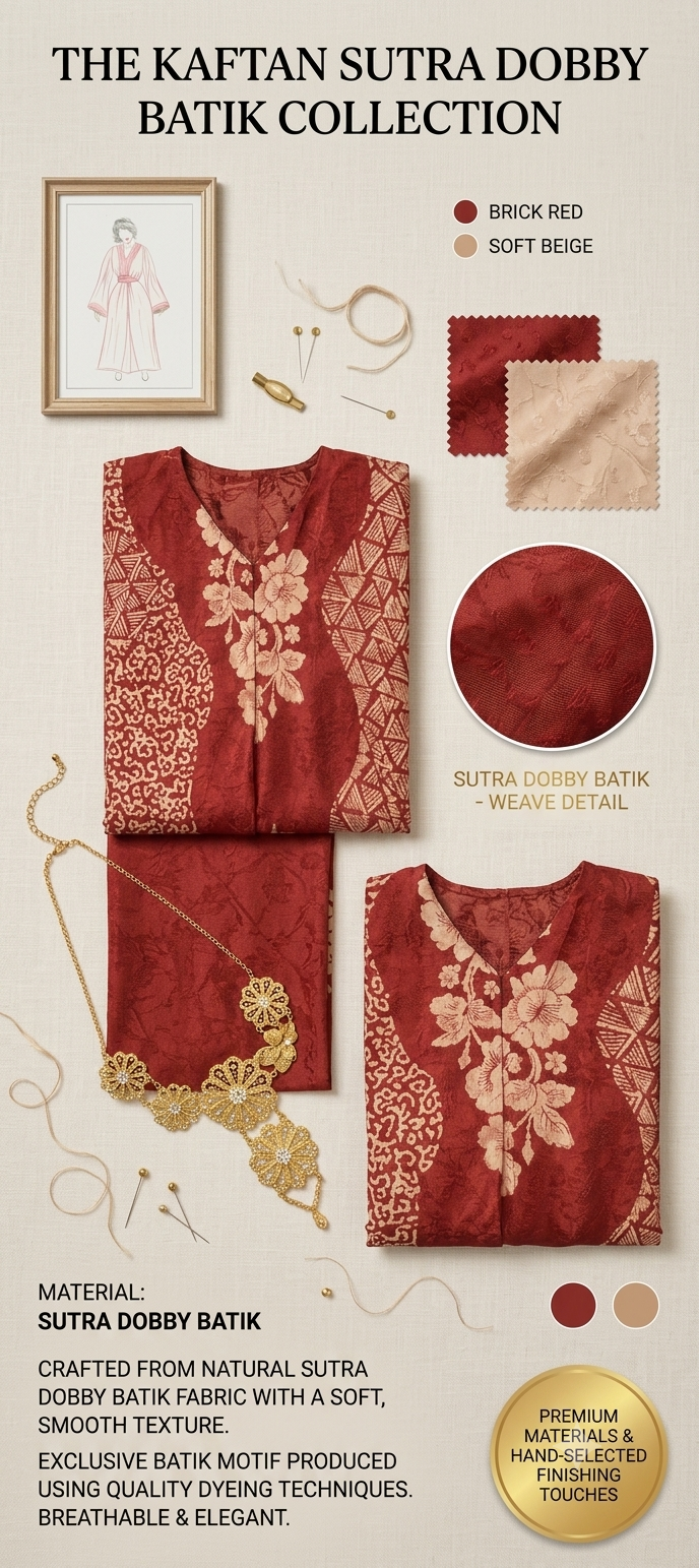 A product presentation graphic for 'The Kaftan Sutra Dobbi Batik Collection' showing three views of a red embroidered kaftan dress with floral patterns, alongside color swatches, a gold necklace, and descriptive text detailing the material and features.